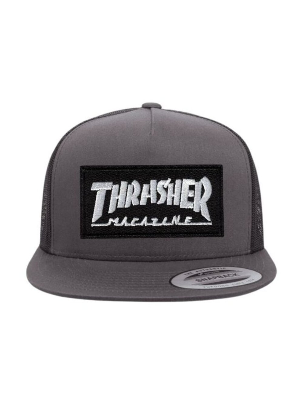 Thrasher Magazine YP Flat Bill Trucker Hat Mesh Back Snapback Charcoal/black